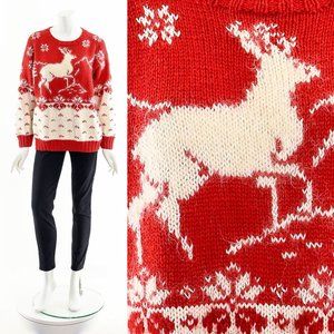 Rare Rudolph Reindeer Hand Knit Wool Christmas Sweater